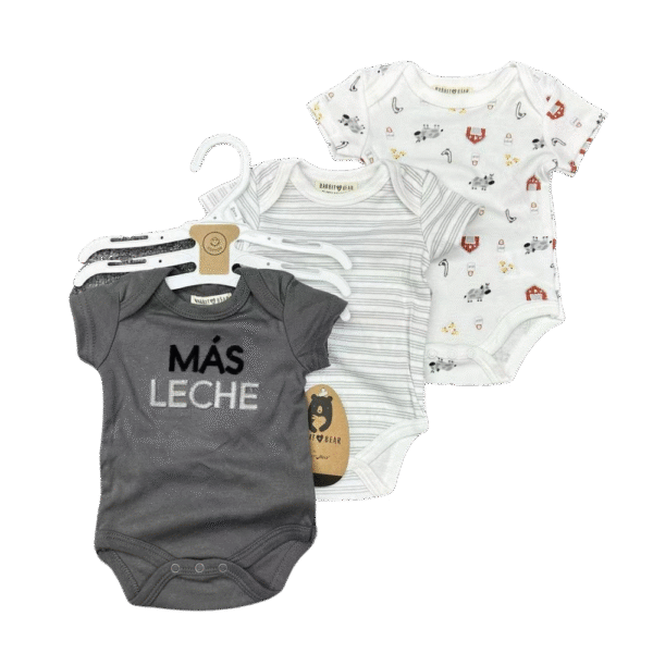 Bodysuit Set – Pack of 3 “MÁS LECHE,”, 0–9 Months – Rabbit Bear