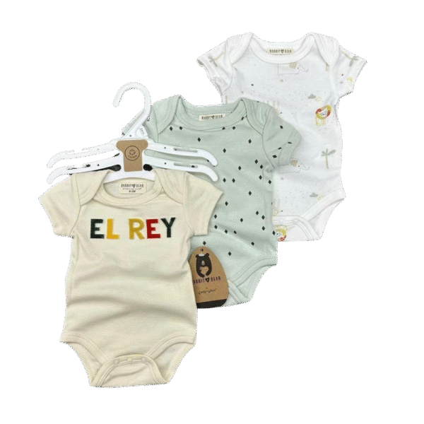 Bodysuit Set – Pack of 3 “MÁS LECHE,”, 0–9 Months – Rabbit Bear