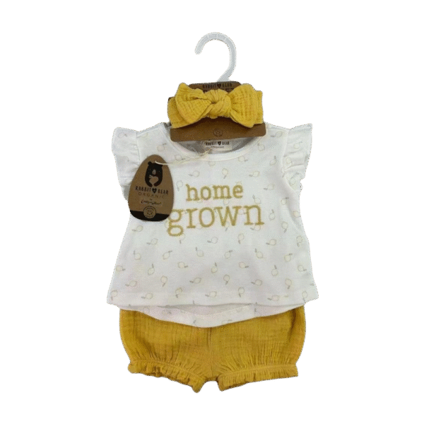Baby Girl Set – 3-Piece “Home Grown” Top & Mustard Bloomers, 0–12 Months – Rabbit Bear Organic