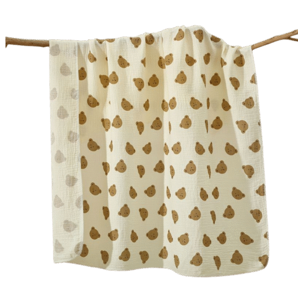 Cream Muslin Baby Blanket – Teddy Bear Print, Soft & Cute