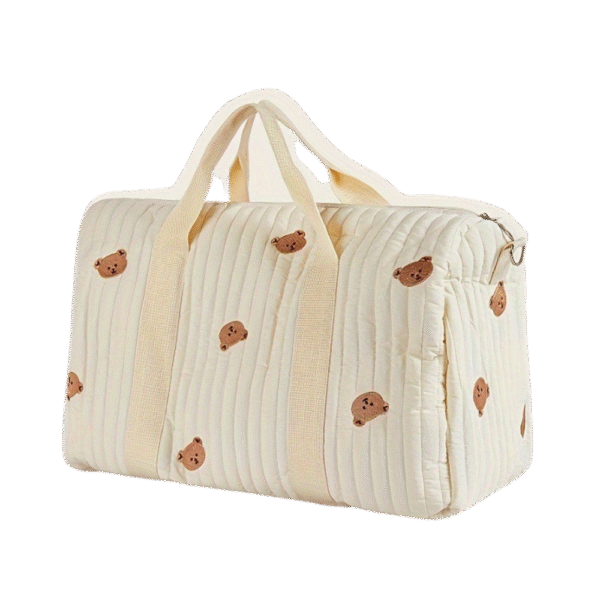Baby Clinic Bag – Cream Quilted Duffel with Bear Print