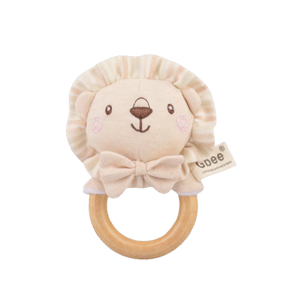 Beige Lion Baby Teething Ring Rattle Toy – Gbee | Natural Wooden Handle