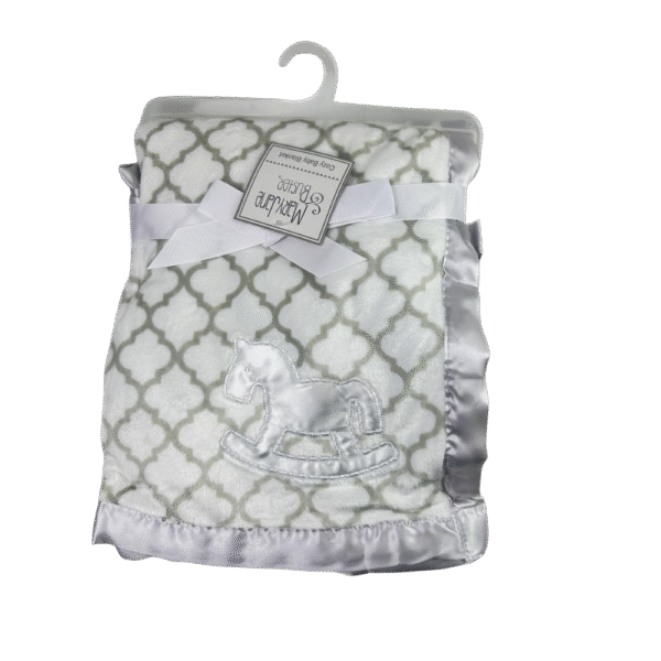 Baby Shawl – White Rocking Horse Embroidery, Satin Trim