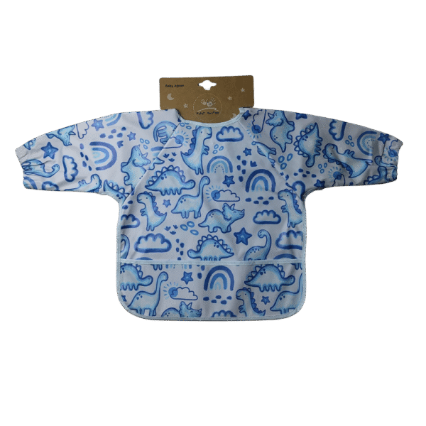 Baby Bib Apron – Waterproof Long Sleeve Feeding Cover, Blue Dinosaur Print