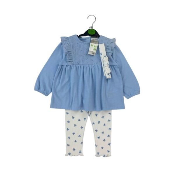 Baby Girl Set – 3-Piece Sky Blue Ruffle Top, Bow Print Leggings & Matching Headband- Primark