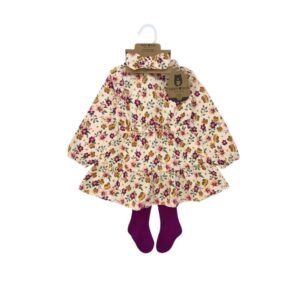 Baby Girl Dress Set – 3-Piece Floral Ruffle Dress with Bow & Tights – Rabbit Bear