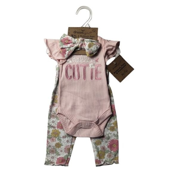 Baby Girl Outfit – 3-Piece “Hello Cutie” Bodysuit, Floral Pants & Headband, 0–6 Months – Dream Girl