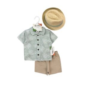 Boys’ Outfit – 3-Piece Leaf Print Shirt, Khaki Shorts & Straw Hat, 12–24 Months – Mini Threads