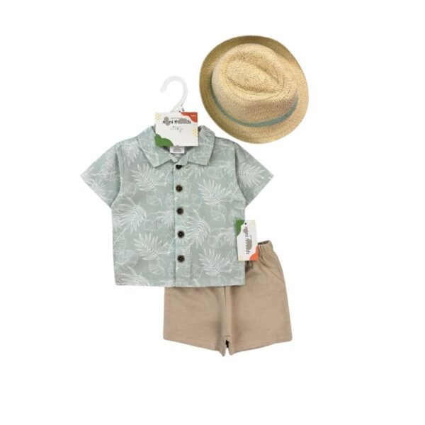 Boys’ Outfit – 3-Piece Leaf Print Shirt, Khaki Shorts & Straw Hat, 12–24 Months – Mini Threads