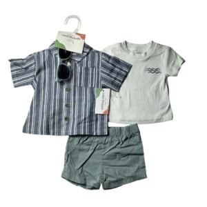 Boys’ Outfit – 3-Piece Wave Tee, Striped Shirt, Shorts & Sunglasses, 3–24 months – Mini Threads