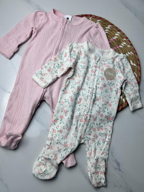 Baby Girl Rompers – 2-Pack Pointelle Footed sleepsuits (Pink & Floral), 0–3 Months