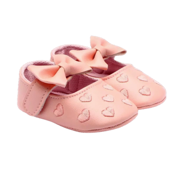Baby Girl Shoes – Pink Bow with Heart Print, First Walker 6–18 Months
