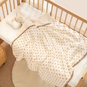 Baby Shawl – Cream with Brown Heart Print & Decorative Trim