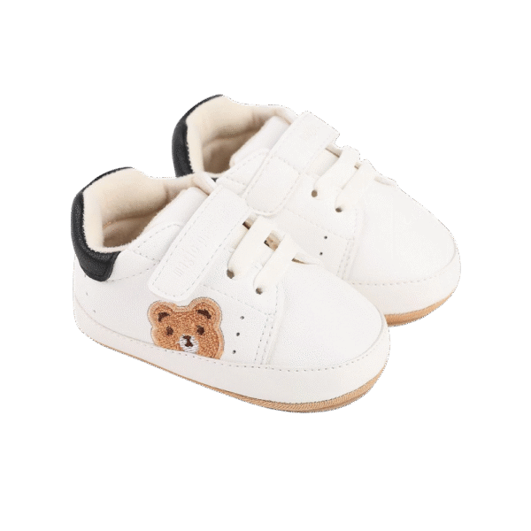 Baby Sneakers – White with Bear Embroidery, First Walker 6–18 Months