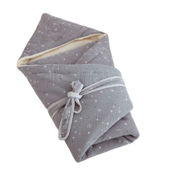 Baby Swaddle Wrap – Grey Moon & Star Print, 100% Cotton with Soy Fiber, 90×90cm