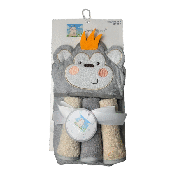 Baby Towel & Washcloth Set – 4-Piece Grey & Beige with Monkey Topper – Little Alpaca