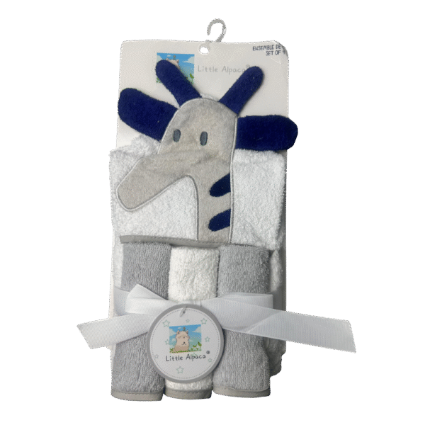 Baby Towel & Washcloth Set – 4-Piece Grey & White with Giraffe Topper – Little Alpaca