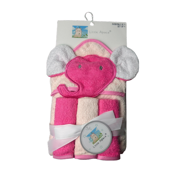 Baby Towel & Washcloth Set – 4-Piece Pink & White with Elephant Topper – Little Alpaca