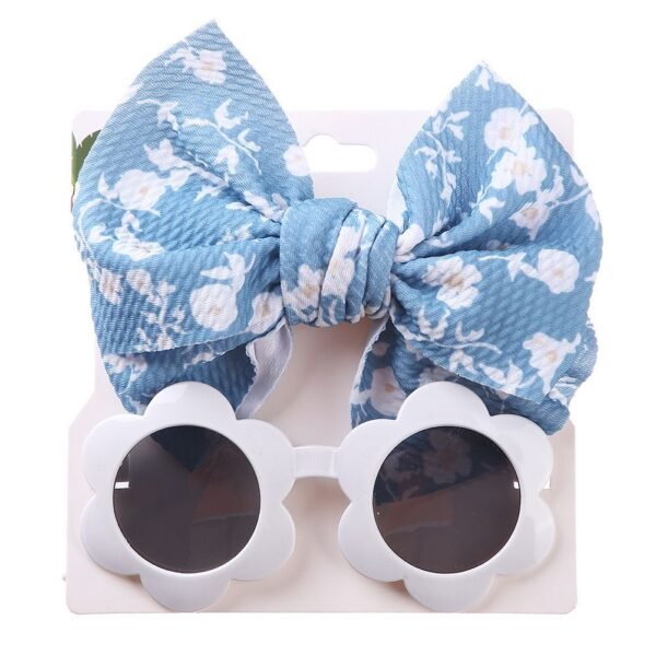 Baby Girl Accessory Set – Blue Floral Bow Headband & White Sunglasses
