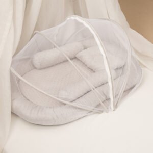 Foldable Baby Bed with Mosquito Net – Grey, Newborn to 18 Months