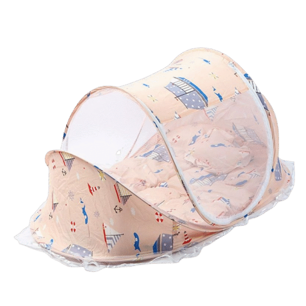Foldable Baby Sleeping Bed – With Mosquito Net, Peach Sailboat Print – Newborn to 18 Months