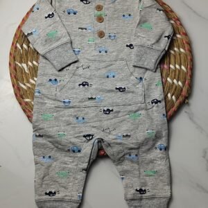 Baby Sleepsuit – Grey Car Print Footed Romper with Wooden Buttons, 0–9 Months – Carter’s