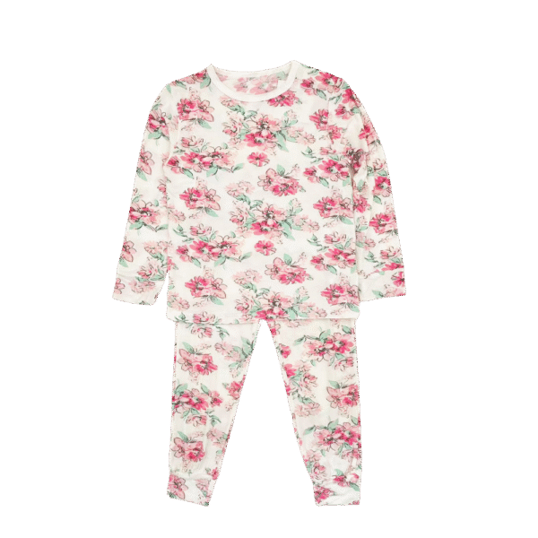 Girls’ Pajama Set – White with Pink Floral Print, Long Sleeve – Mama Forever