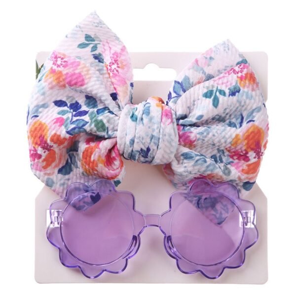 Baby Girl Accessory Set – Floral Bow Headband & Purple Sunglasses