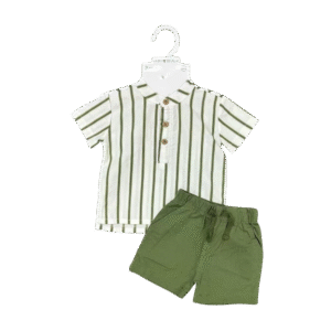 2-Piece Baby Boy Outfit Set – Green Striped Shirt & Olive Shorts, 0–18 Months – Fairy Realm