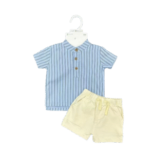 2-Piece Baby Boy Outfit Set – Blue Striped Shirt & Cream Shorts, 0–18 Months – Fairy Realm