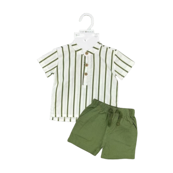 2-Piece Baby Boy Outfit Set – Green Striped Shirt & Olive Shorts, 0–18 Months – Fairy Realm