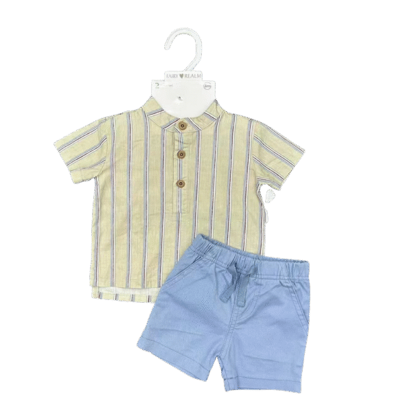 2-Piece Baby Boy Outfit Set – Yellow Striped Shirt & Blue Shorts, 0–18 Months – Fairy Realm