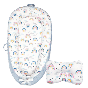 Baby Nest & Pillow Set – Rainbow Clouds Print, 0–12 Months